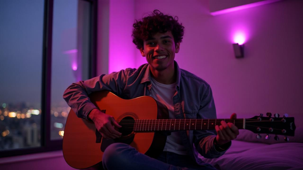 Jeune adulte jouant de la guitare dans un environnement moderne